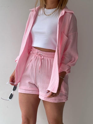 Long-sleeved Shirt And High-waisted Drawstring Shorts Casual Two-piece Set