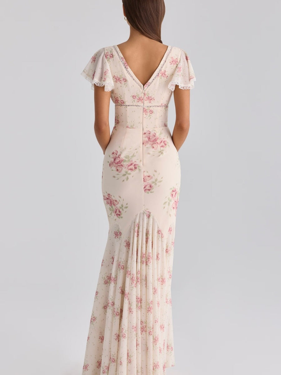 Romantic Floral Lace Patchwork Waist-cinching V-neck Fishtail Long Dress