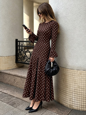 Mermaid Maxi Dress, New Autumn Style, Elegant And Suitable For Commuting, Fitted Waist, Flared Sleeves, Polka Dot. Maxi Dresses