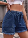 Elastic Waist Drawstring Raw Edges Tassel Jeans