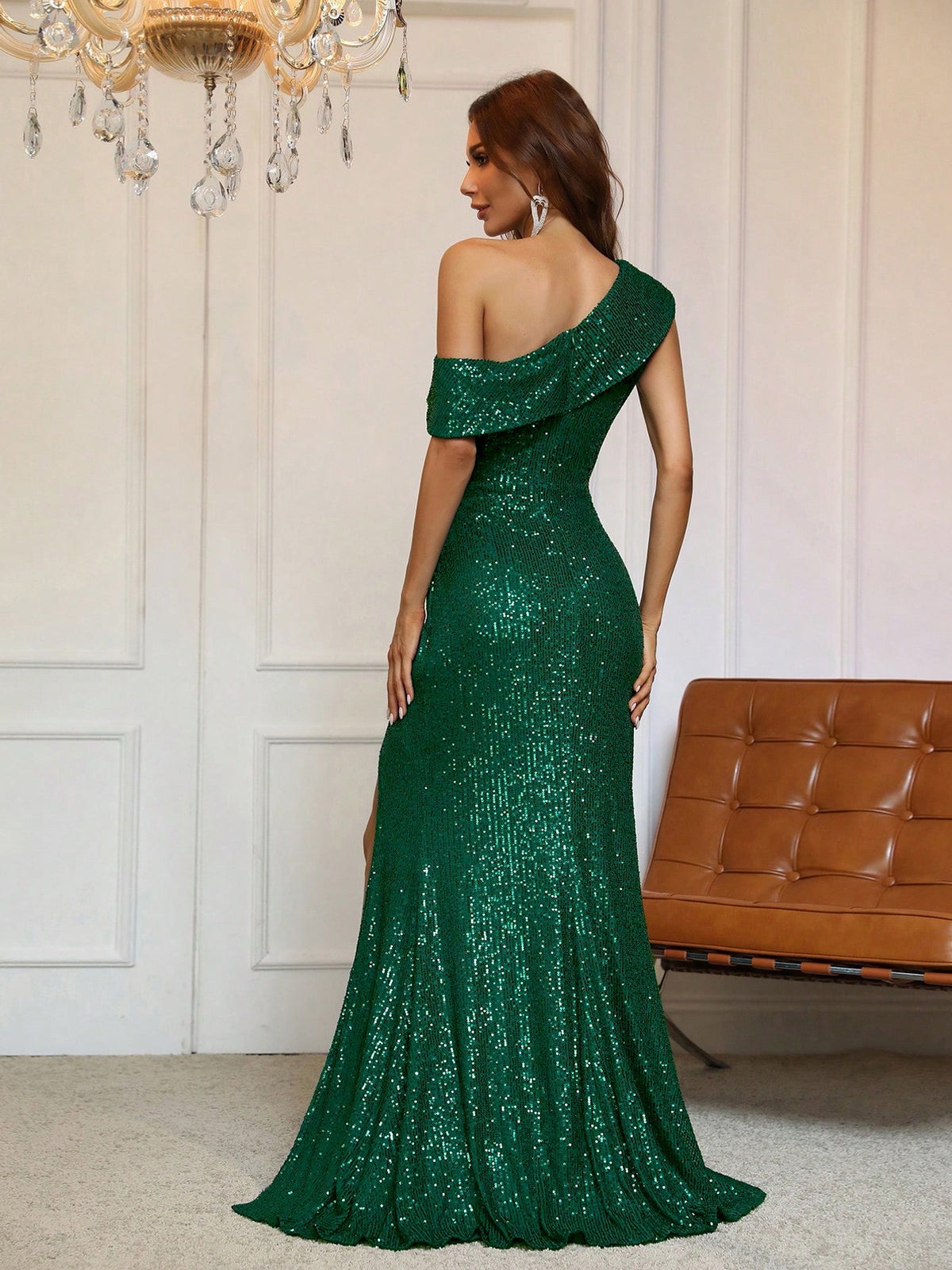 Sequined, Elegant, Asymmetrical Neckline, High Slit Long Dress