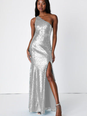 One Shoulder Sequins Slit Long Dress