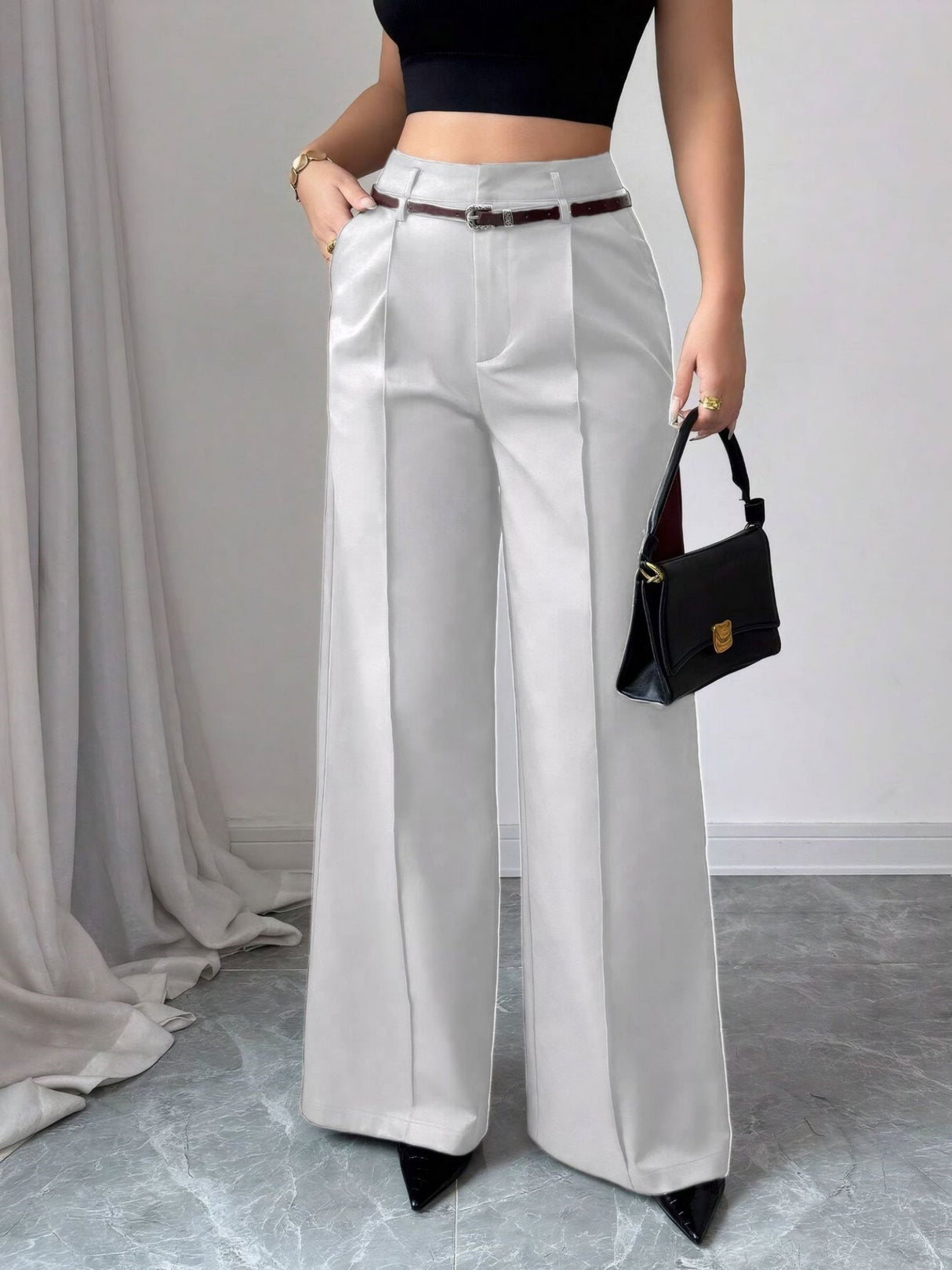 Women's Belted Wide-leg High-waisted Straight-leg Suit Trousers