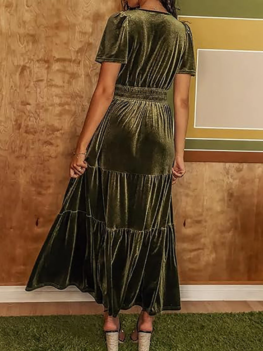 Splicing Short Sleeve Velvet Maxi Dresses
