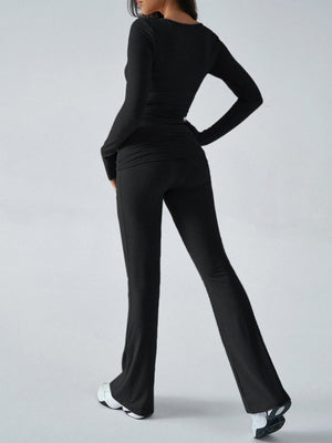 V-neck Long Sleeve Pants Pleated Navel Solid Color 2-piece Sets