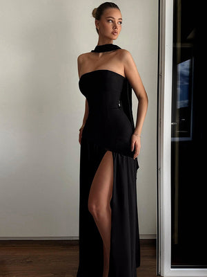 Strapless, Fitted, Solid Color, Open Back, Elegant Long Dress With Ribbons