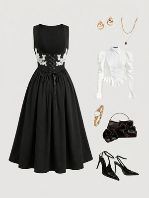Straps Splicing Lace Sweet Retro Midi Dresses