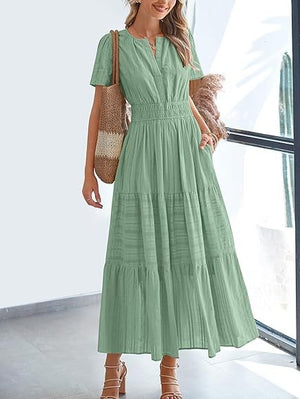 V-neck, Gathered, Puff Sleeve, Full Skirt, Short-sleeved Long Dress