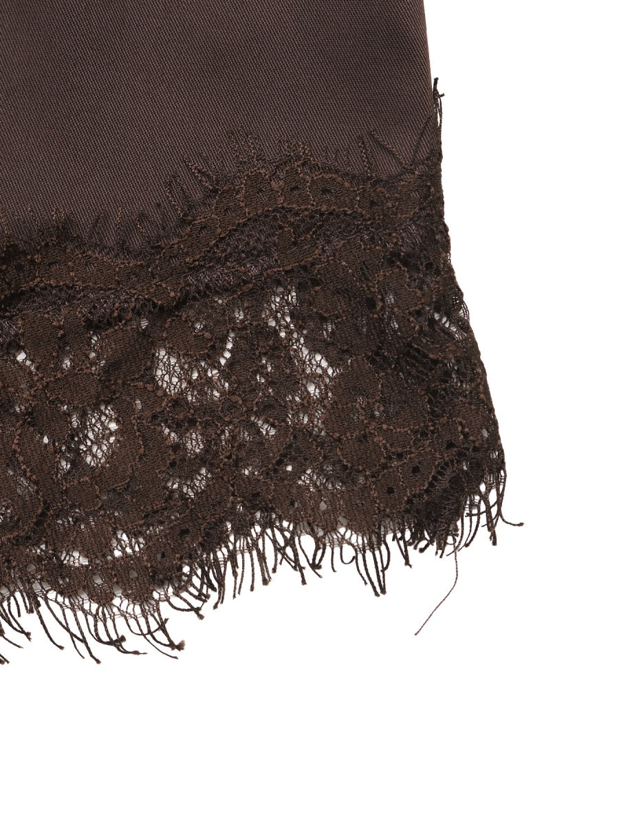 Irregularly Spliced Lace Trim Base Layer Flared Long Sleeve Tie Waist Hollowed-out Shirt T-shirt