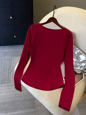 Dangling Long Sleeves Base Layer Burgundy T-shirt