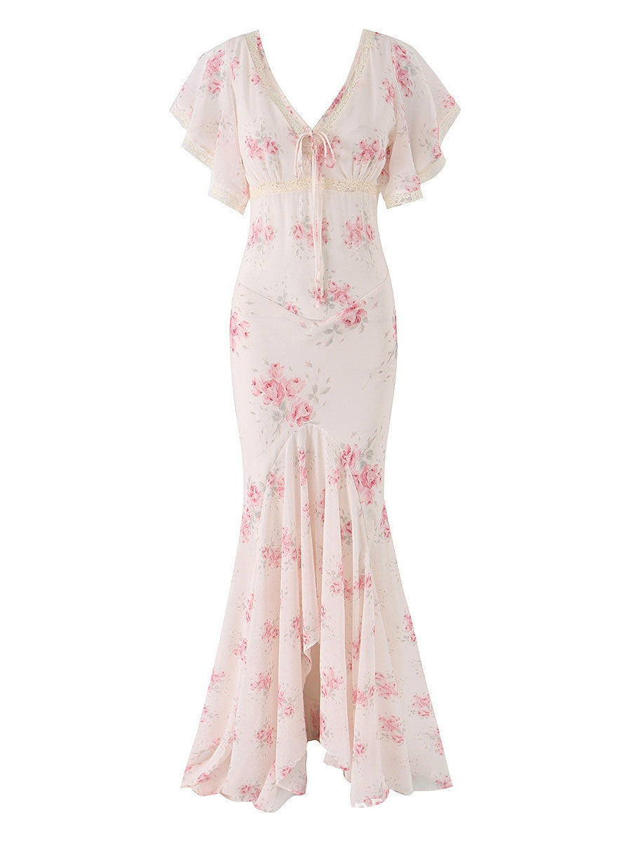 Romantic Floral Lace Patchwork Waist-cinching V-neck Fishtail Long Dress