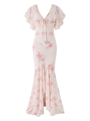 Romantic Floral Lace Patchwork Waist-cinching V-neck Fishtail Long Dress