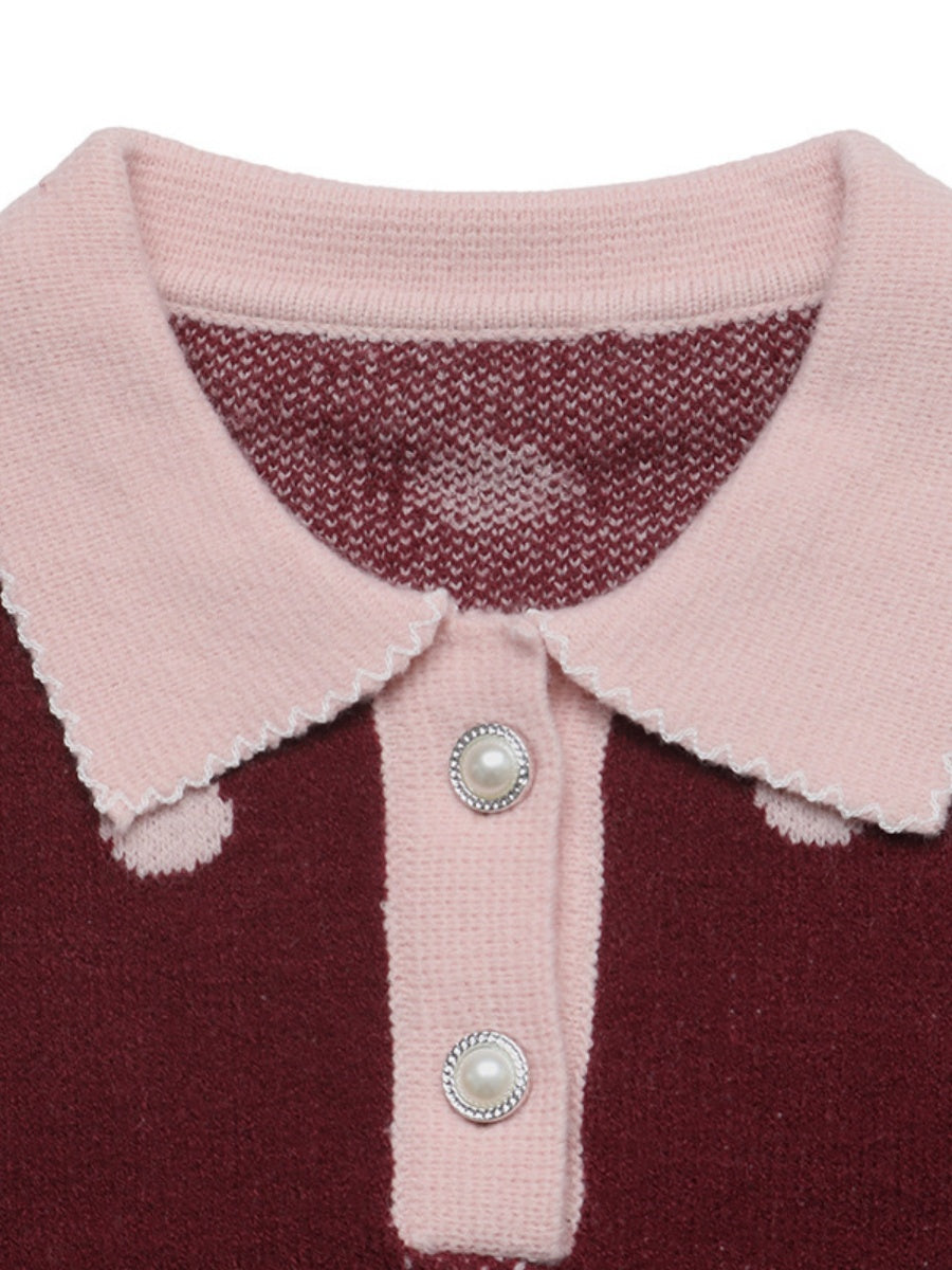 Polka Dot Color-blocked Collar Loose-fitting Short Sweater