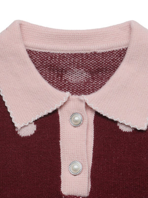 Polka Dot Color-blocked Collar Loose-fitting Short Sweater