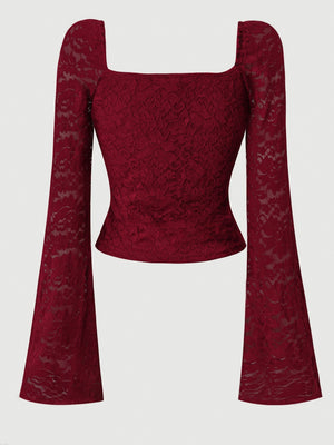 Lace Long Sleeves Straps Burgundy Fang Ling Splicing T-shirt
