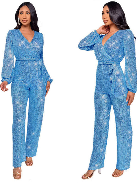 Deep V Long Sleeve Belt Sequins Jumpsuit