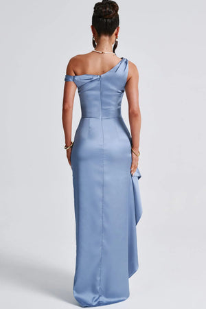 Asymmetrical Satin Shoulder Design With A Cinched Waist Solid Color Maxi Dresses