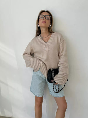 Solid Color Hood Knitting V-neck Flared Sleeves Sweaters