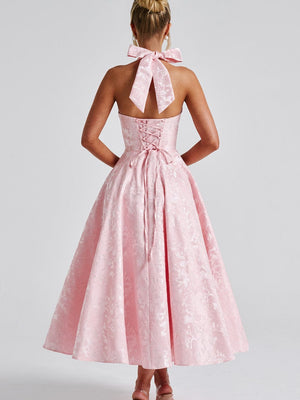 Halter Neck Jacquard Dress, High-end Evening Gown Elegant Sleeveless Backless Fitted Waist Midi Dress