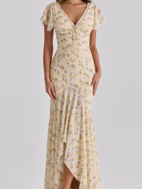 Romantic Floral Lace Patchwork Waist-cinching V-neck Fishtail Long Dress