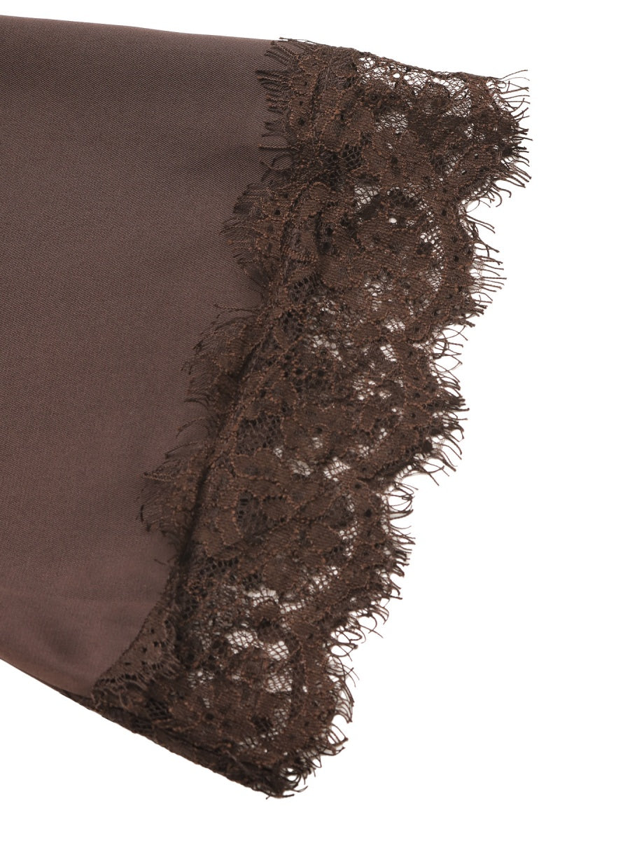 Irregularly Spliced Lace Trim Base Layer Flared Long Sleeve Tie Waist Hollowed-out Shirt T-shirt