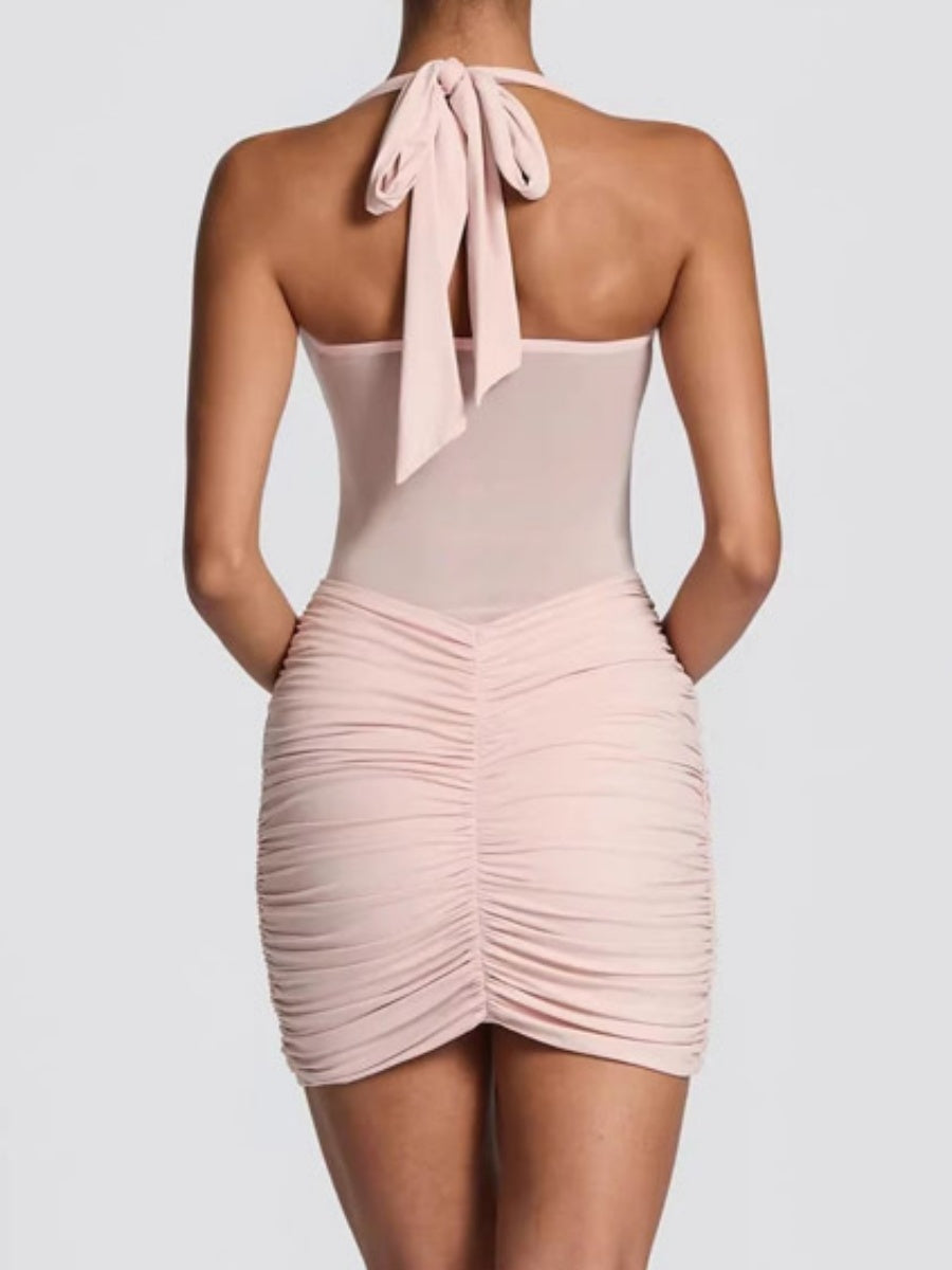 Elegant Halter Neck Tie-up Mesh Patchwork Long Or Short Dress