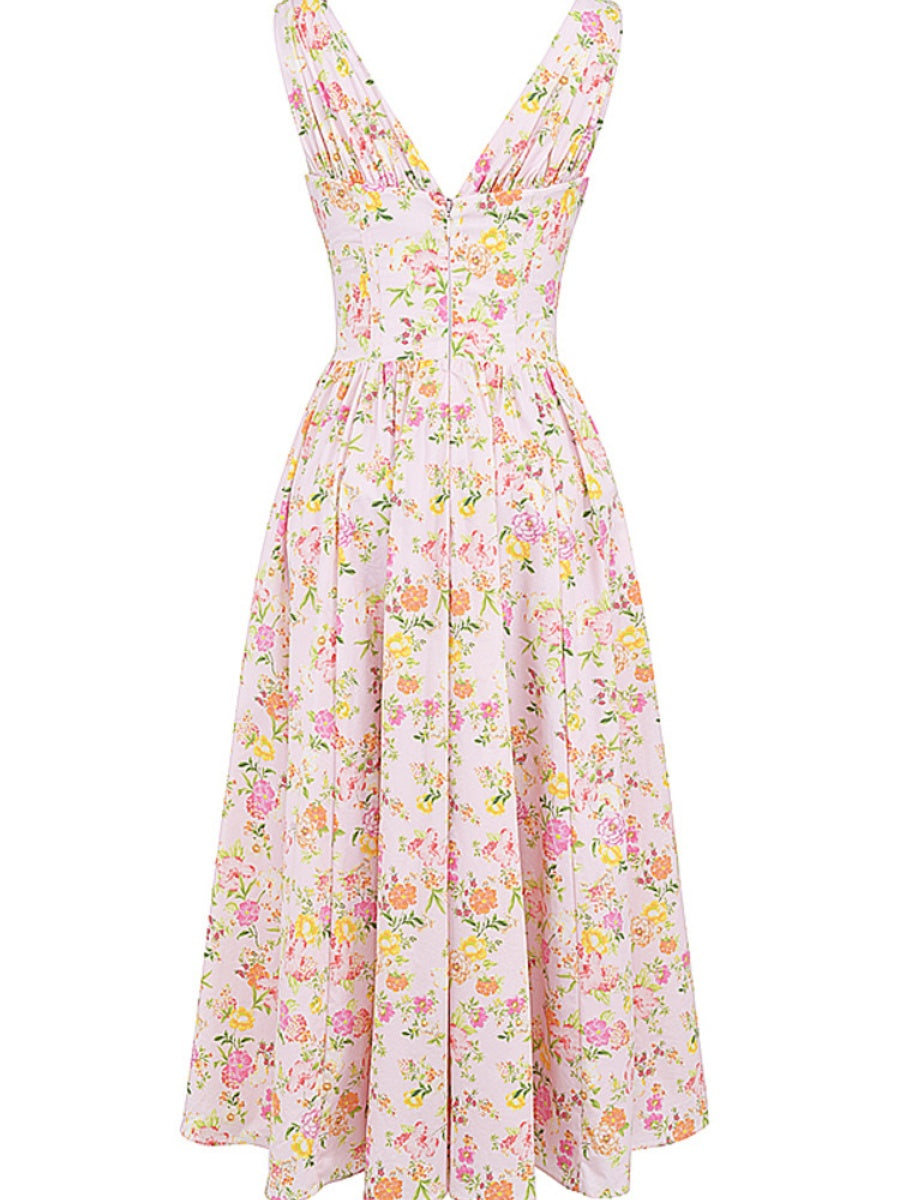 Resort-style Floral Print V-neck Spaghetti Strap Maxi Dress