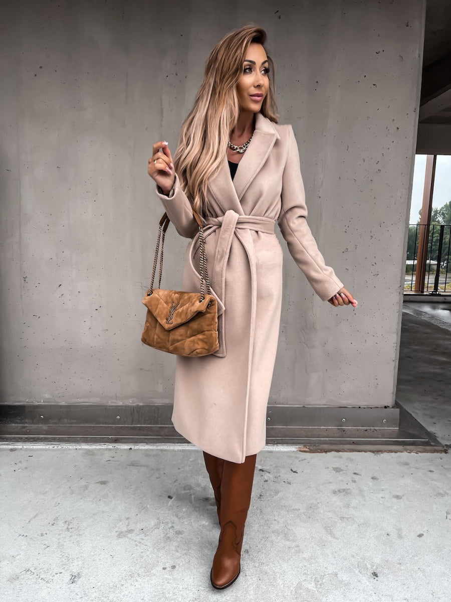 Solid Color Lapel Long Sleeve Woolen Simple Tie Coats