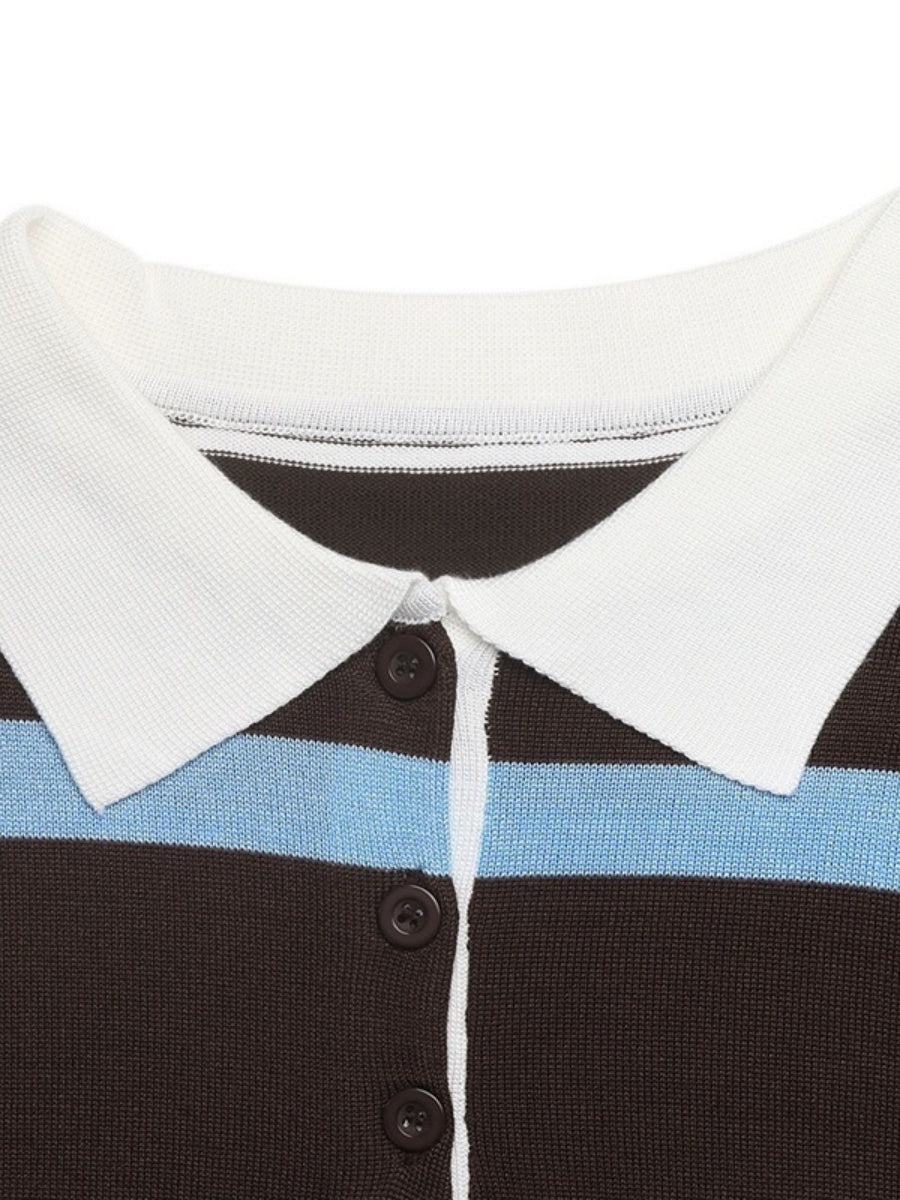 Casual Loose-fitting Striped Long-sleeved Sweater With Lapel