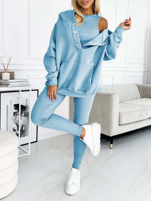 Sporty Casual Hoodie Sweatshirt, Ribbed Slim Fit Vest And Pants Three-piece Set