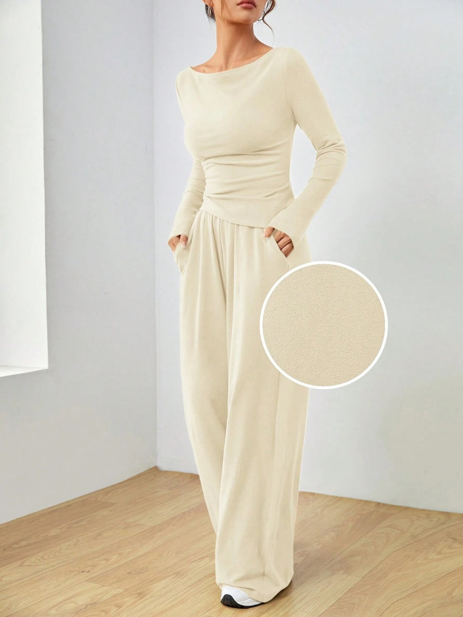 Pocket Solid Color Large Round Neck Long Sleeve Pants 2-piece Sets