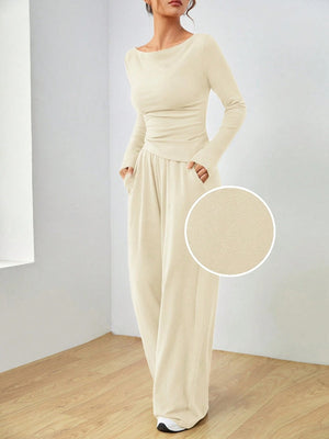 Pocket Solid Color Large Round Neck Long Sleeve Pants 2-piece Sets