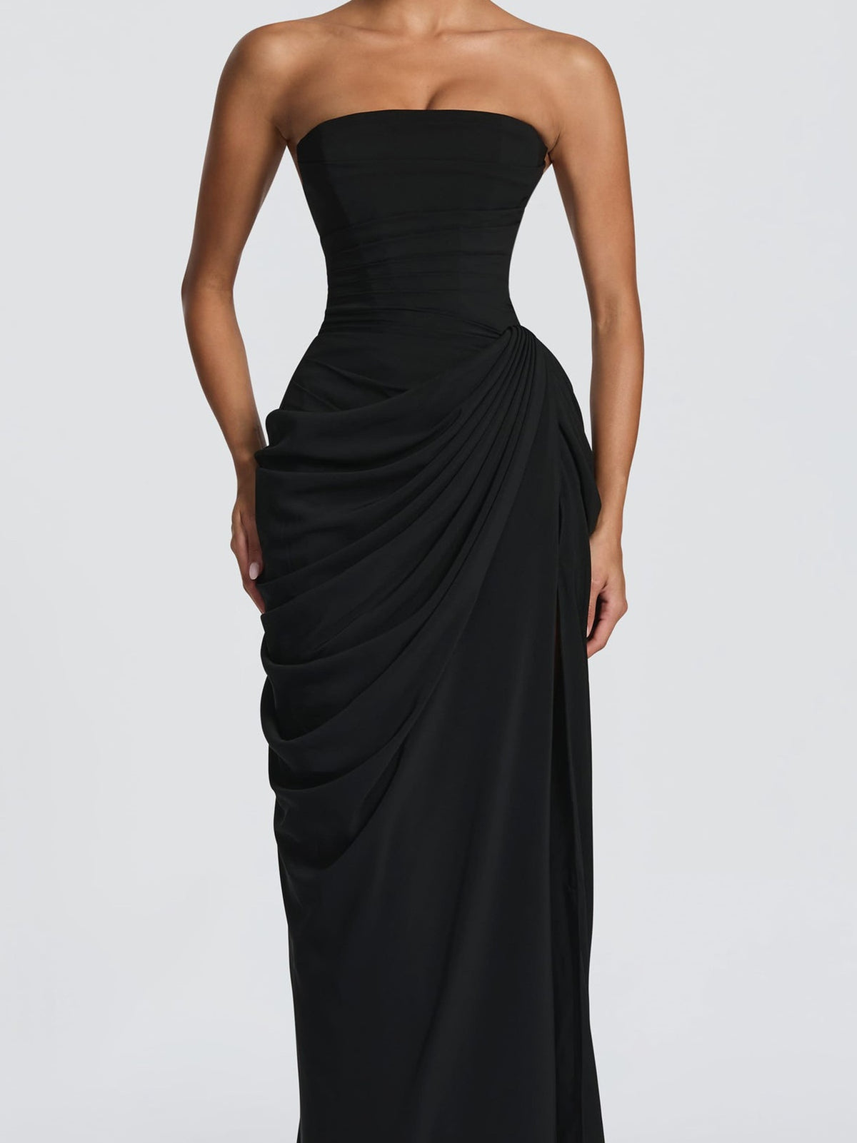 Asymmetrical Pleated Sexy High-slit Strapless Pleated Long Dress