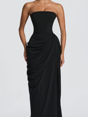 Asymmetrical Pleated Sexy High-slit Strapless Pleated Long Dress