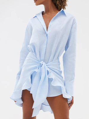 Pure Cotton Lapel Hip-hugging Shirts Mini&Short Dresses