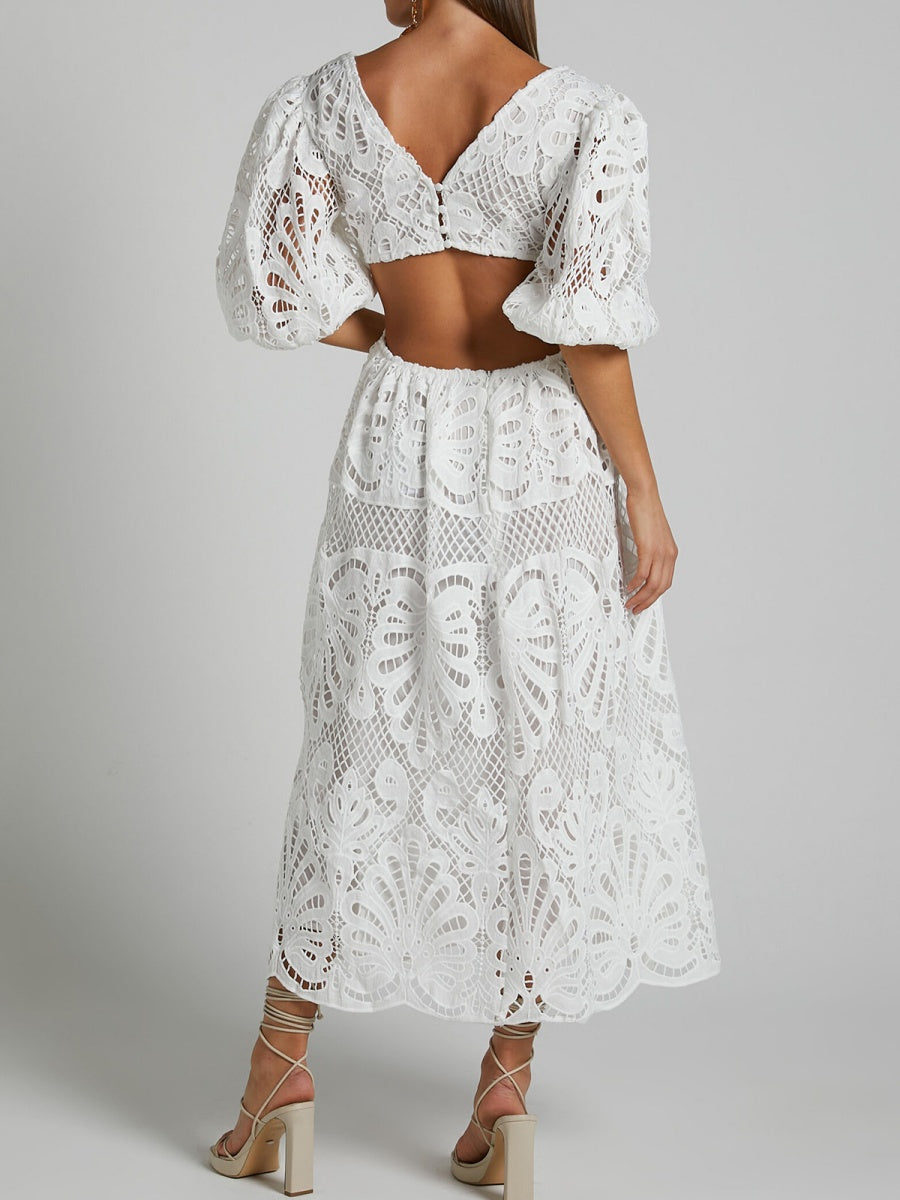 Robe midi sexy en dentelle brodée à col V