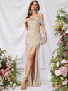 Sequined, Elegant, Asymmetrical Neckline, High Slit Long Dress