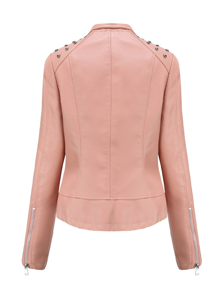 Cropped Zipper Pu Beading Jackets