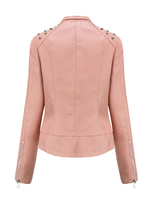Cropped Zipper Pu Beading Jackets