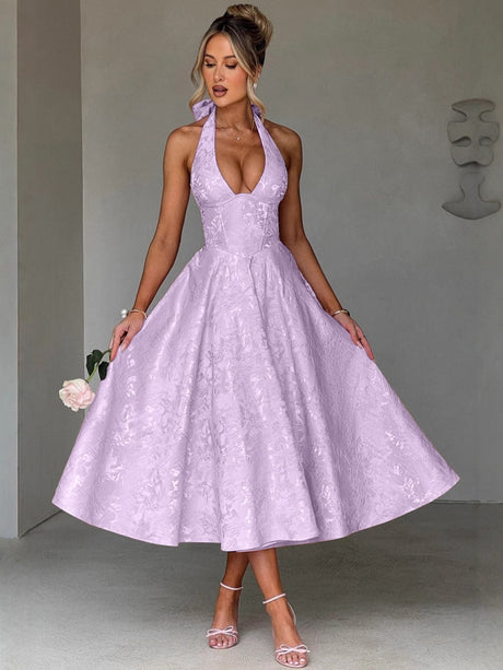 Halter Neck Jacquard Dress, High-end Evening Gown Elegant Sleeveless Backless Fitted Waist Midi Dress