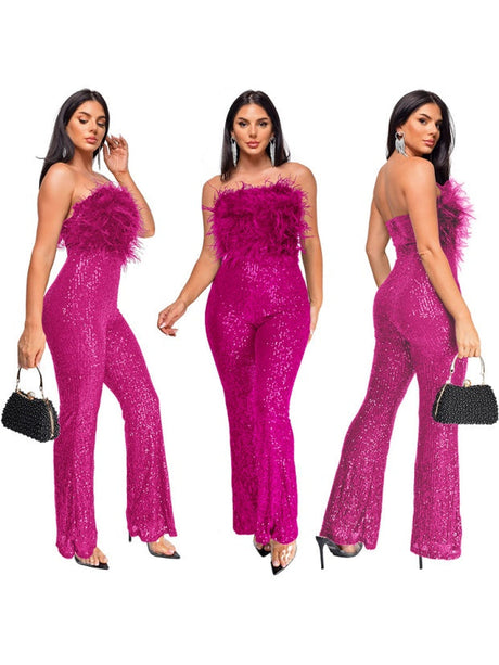 Sleeveless Backless Sequined Feather Flared Leg Jumpsuit