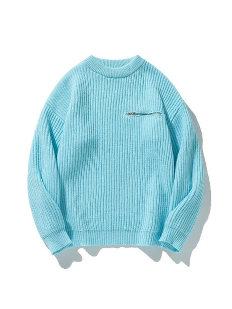 Zippered Pockets Thickening Crew Neck Sweater