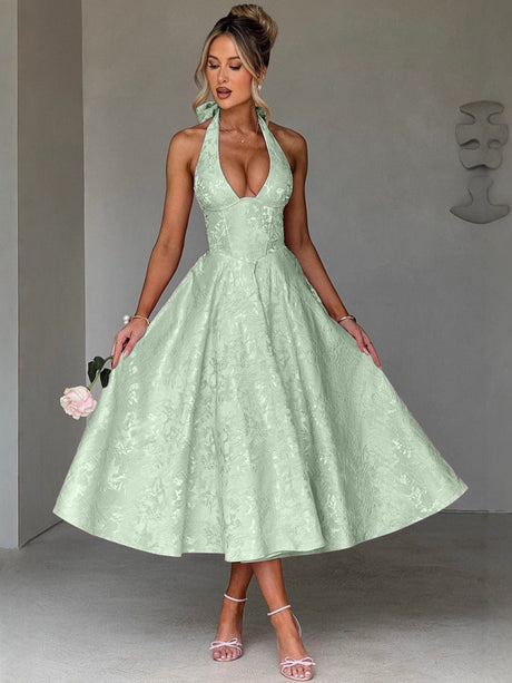 Halter Neck Jacquard Dress, High-end Evening Gown Elegant Sleeveless Backless Fitted Waist Midi Dress