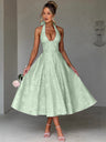 Halter Neck Jacquard Dress, High-end Evening Gown Elegant Sleeveless Backless Fitted Waist Midi Dress