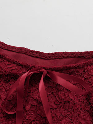 Lace Long Sleeves Straps Burgundy Fang Ling Splicing T-shirt