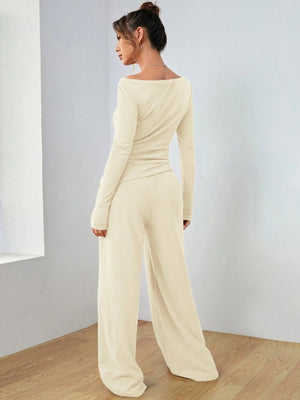 Pocket Solid Color Large Round Neck Long Sleeve Pants 2-piece Sets