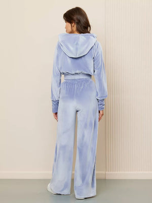 Velvet Zipper Cardigan, Silver Fox Fleece Sweatshirt, Lace-Up Pants 2-piece Sets