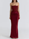 Satin Belted Strapless Off-the-shoulder Fishbone Pleated Long Bodycon Dress