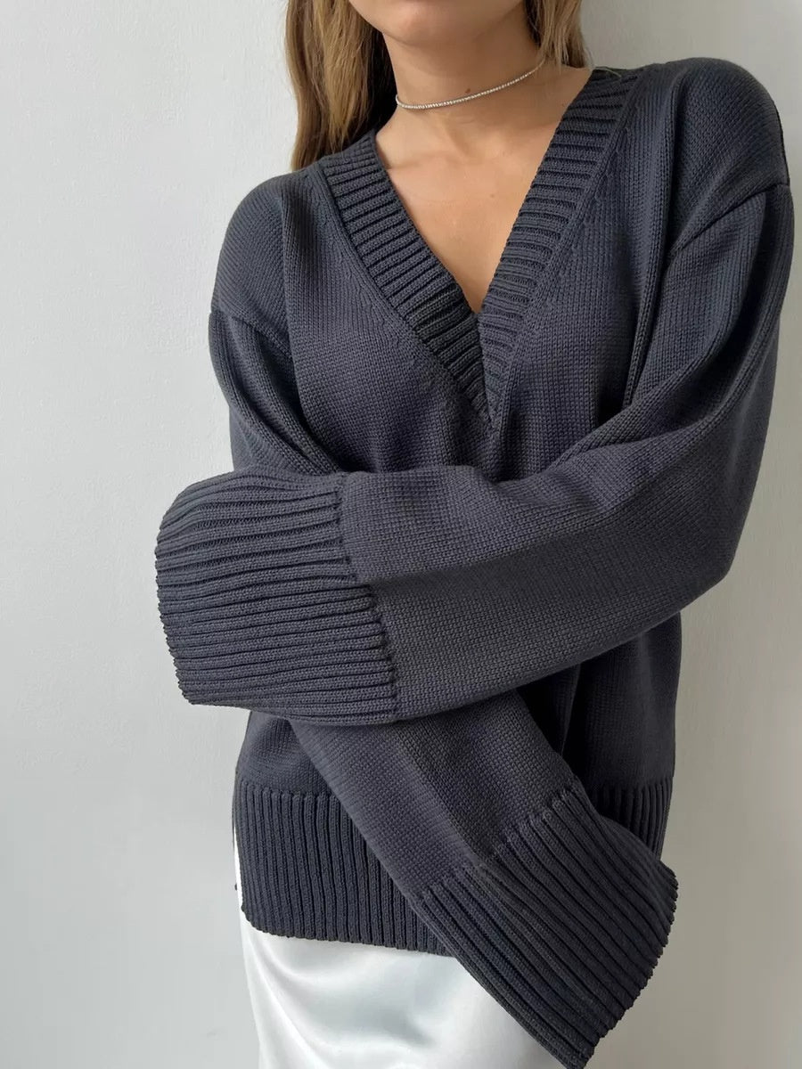 Solid Color Hood Knitting V-neck Flared Sleeves Sweaters