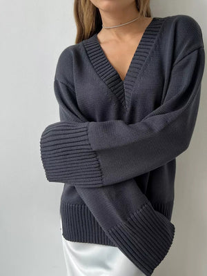 Solid Color Hood Knitting V-neck Flared Sleeves Sweaters